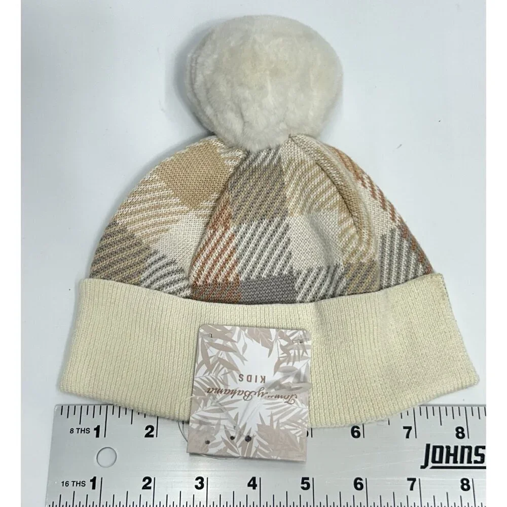 New Tommy Bahama Kids One Size Brown White Checkered Winter Knit Hat Beanie